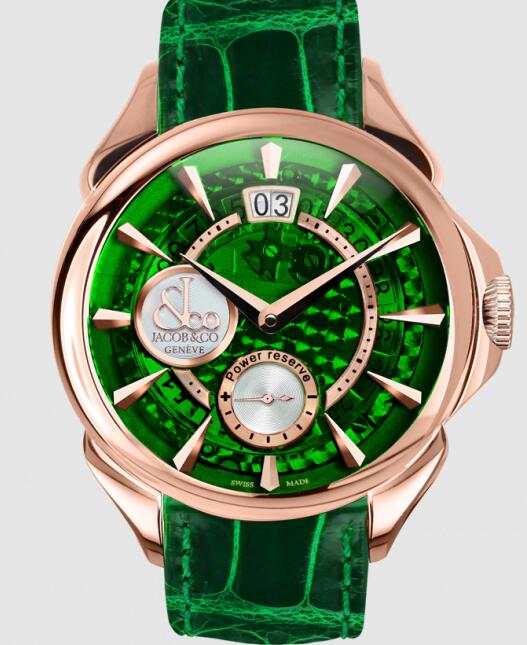 Review Jacob & Co PALATIAL CLASSIC MANUAL BIG DATE GREEN MINERAL CRYSTAL DIAL - ROSE GOLD PC400.40.NS.MG.A Replica watch - Click Image to Close